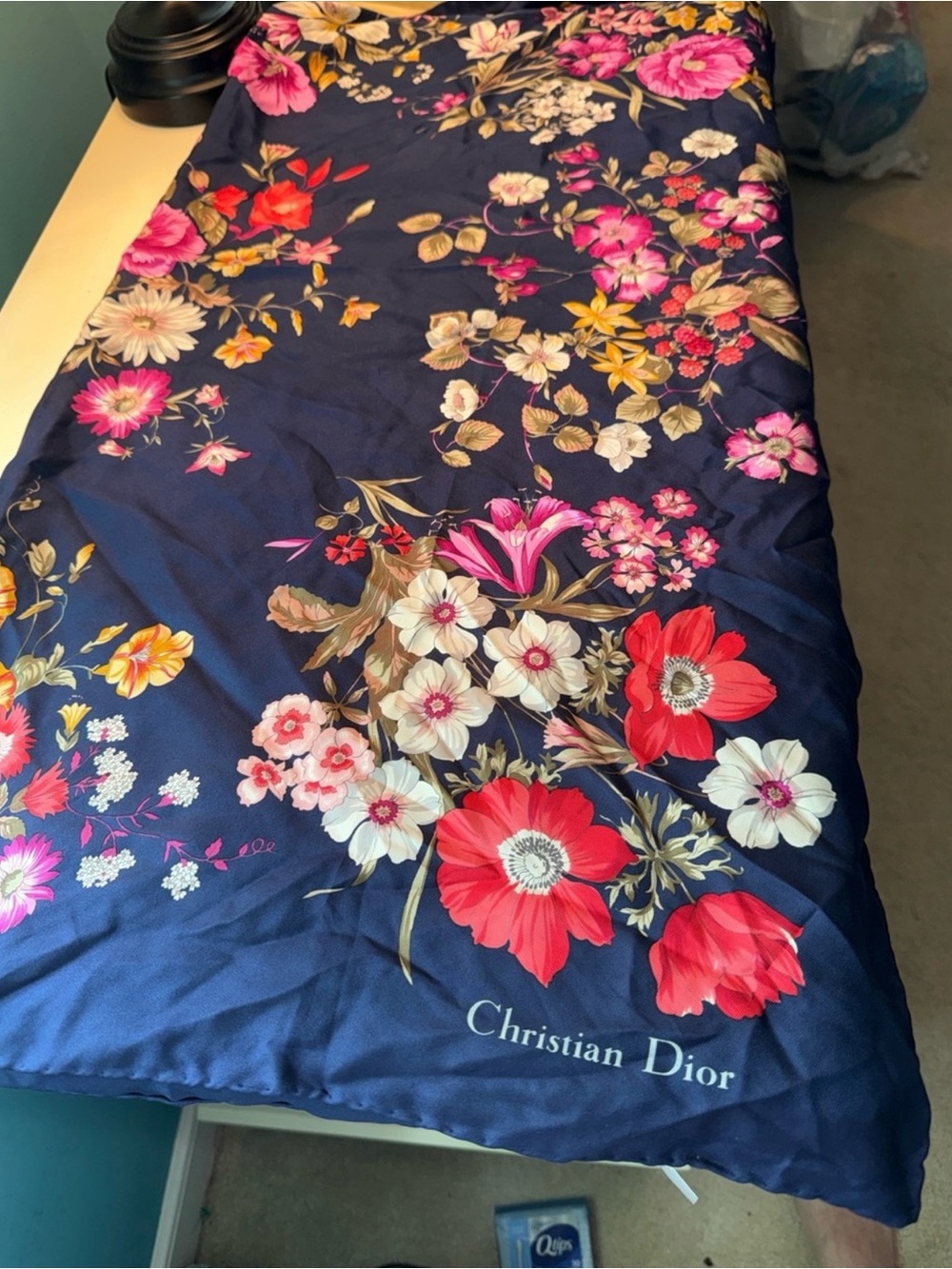 Christian Dior Rich Navy Silk Scarf with Pink, Red & Cream Blooms
